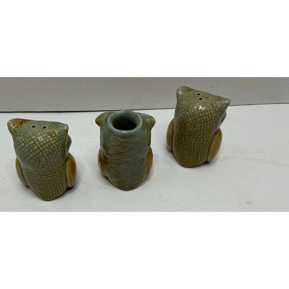 Vintage Owl Serving Bowl‎ Salt Pepper Shaker Toothpick Holder Set Brown Green